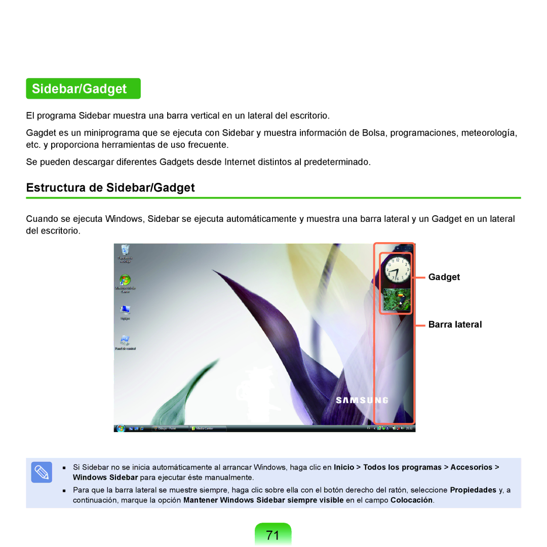 Samsung NP-Q45A001/SES, NP-Q45A003/SES, NP-Q45A007/SES manual Estructura de Sidebar/Gadget, Gadget Barra lateral 