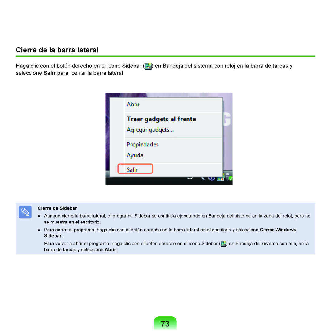 Samsung NP-Q45A007/SES, NP-Q45A001/SES, NP-Q45A003/SES, NP-Q45A006/SES manual Cierre de la barra lateral, Cierre de Sidebar 