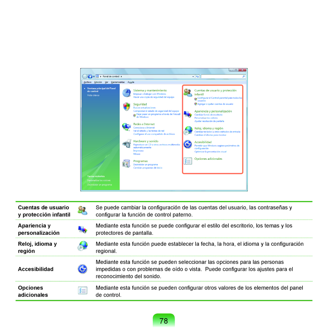 Samsung NP-Q45A002/SES Cuentas de usuario, Protección infantil, Apariencia y, Personalización, Reloj, idioma y, Región 