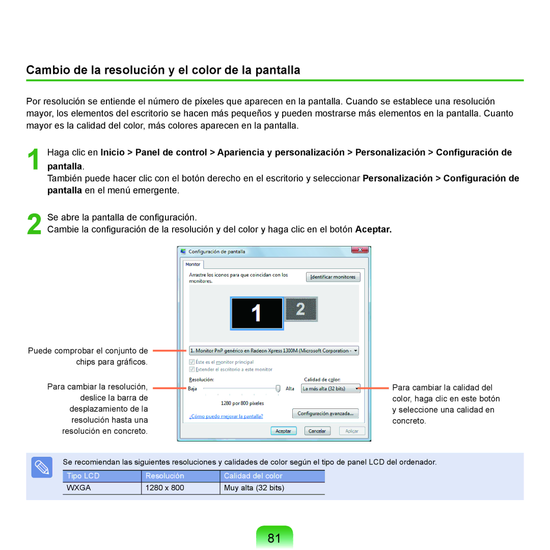 Samsung NP-Q45A003/SES, NP-Q45A001/SES, NP-Q45A007/SES, NP-Q45A006/SES Cambio de la resolución y el color de la pantalla 