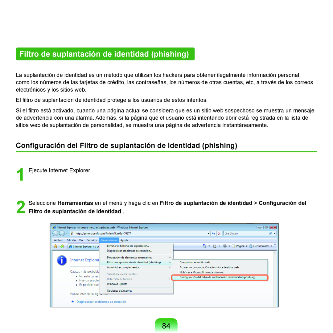 Samsung NP-Q45A005/SES, NP-Q45A001/SES, NP-Q45A003/SES, NP-Q45A007/SES manual Filtro de suplantación de identidad phishing 