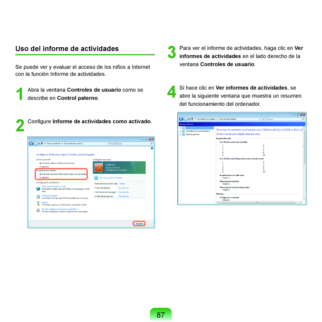 Samsung NP-Q45A002/SES, NP-Q45A001/SES manual Uso del informe de actividades, Configure Informe de actividades como activado 