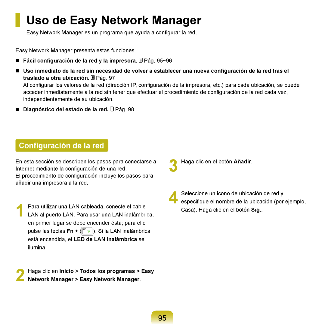 Samsung NP-Q45A004/SES manual Uso de Easy Network Manager, Configuración de la red,  Diagnóstico del estado de la red. Pág 