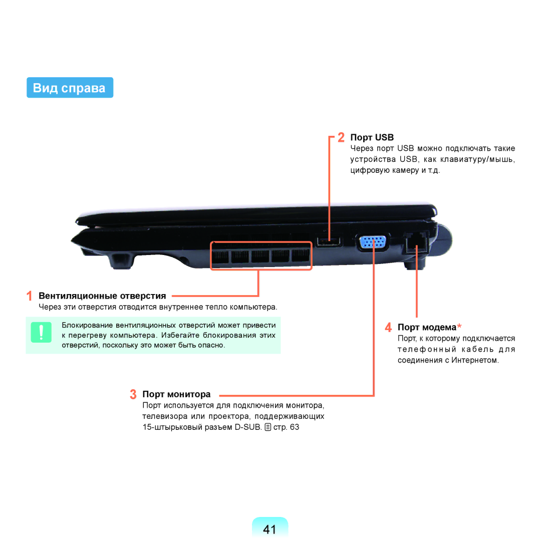 Samsung NP-Q45AV01/SER, NP-Q45A002/SER manual Вид справа, Порт USB, Вентиляционные отверстия, Порт модема, Порт монитора 