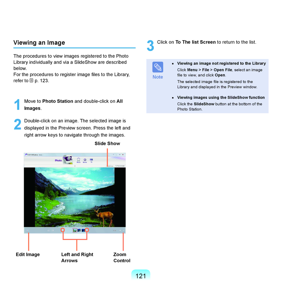 Samsung NP-Q45AV01/SPL manual 121, Viewing an Image, Slide Show, Edit Image Left and Right Zoom Arrows Control 