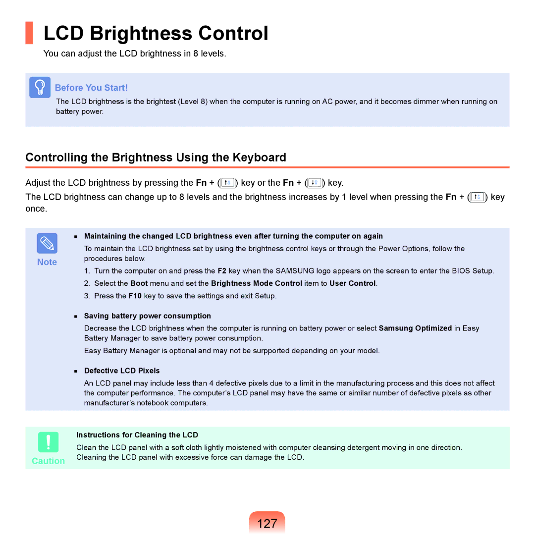 Samsung NP-Q45AV01/SPL manual LCD Brightness Control, 127, Controlling the Brightness Using the Keyboard 