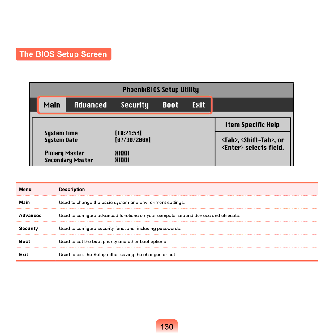 Samsung NP-Q45AV01/SPL manual Bios Setup Screen, 130, Menu 