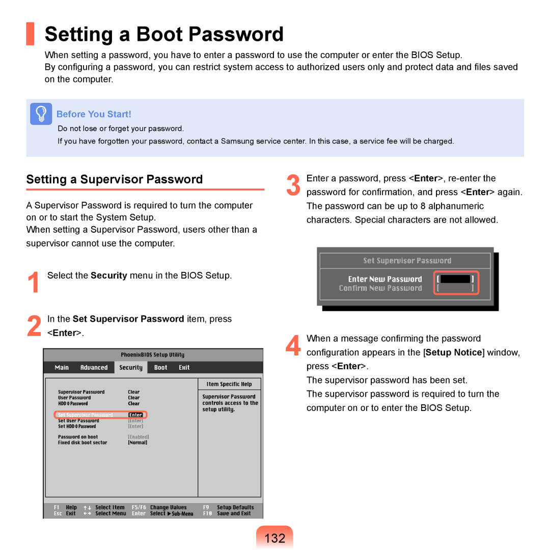 Samsung NP-Q45AV01/SPL Setting a Boot Password, 132, Setting a Supervisor Password, Set Supervisor Password item, press 