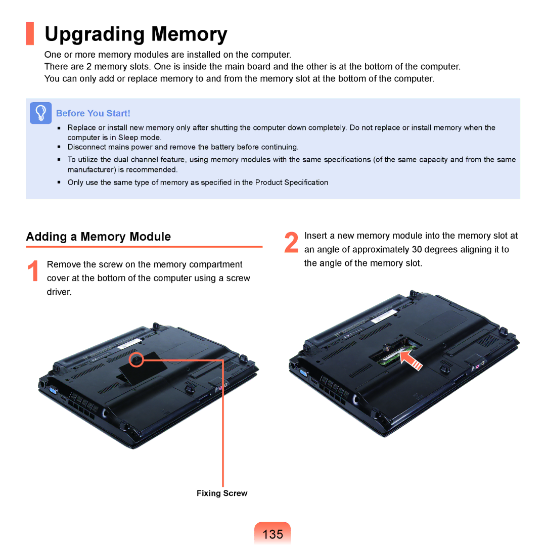 Samsung NP-Q45AV01/SPL manual Upgrading Memory, 135, Adding a Memory Module 