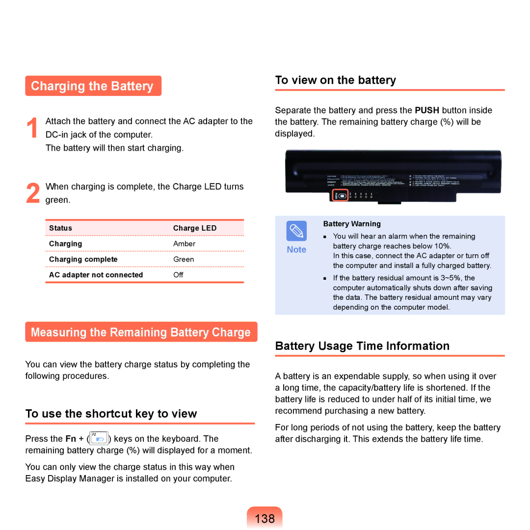 Samsung NP-Q45AV01/SPL manual Charging the Battery, 138, To use the shortcut key to view, To view on the battery 