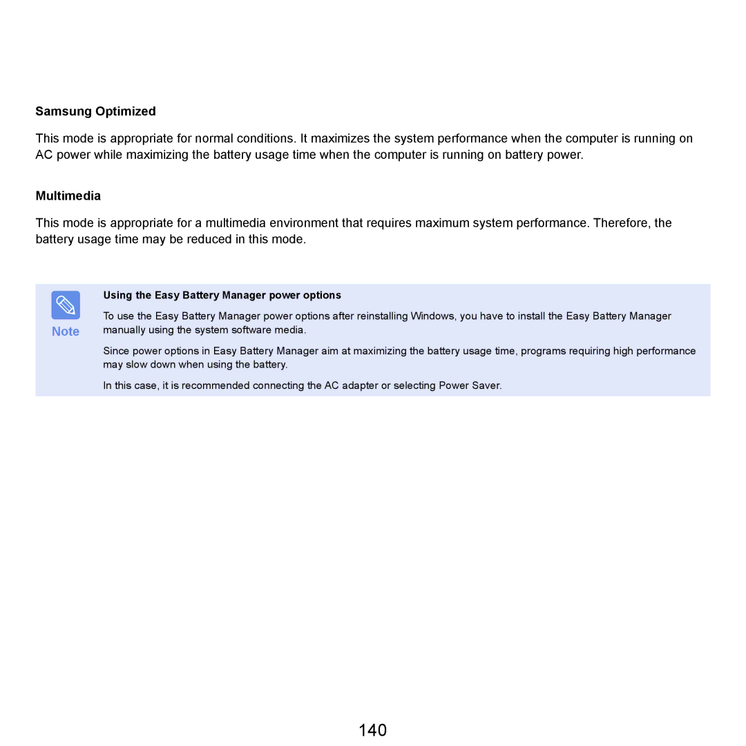 Samsung NP-Q45AV01/SPL manual 140, Samsung Optimized, Using the Easy Battery Manager power options 