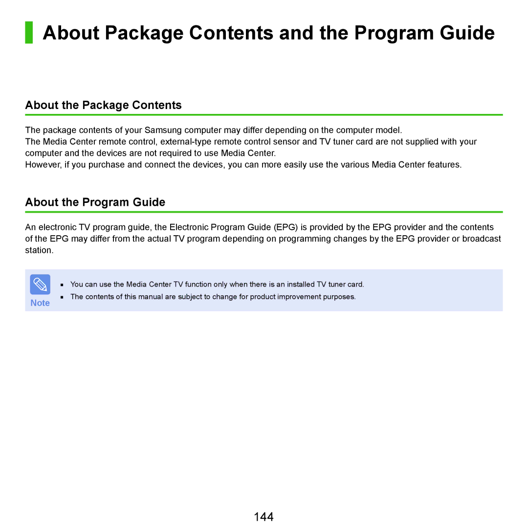 Samsung NP-Q45AV01/SPL manual About Package Contents and the Program Guide 