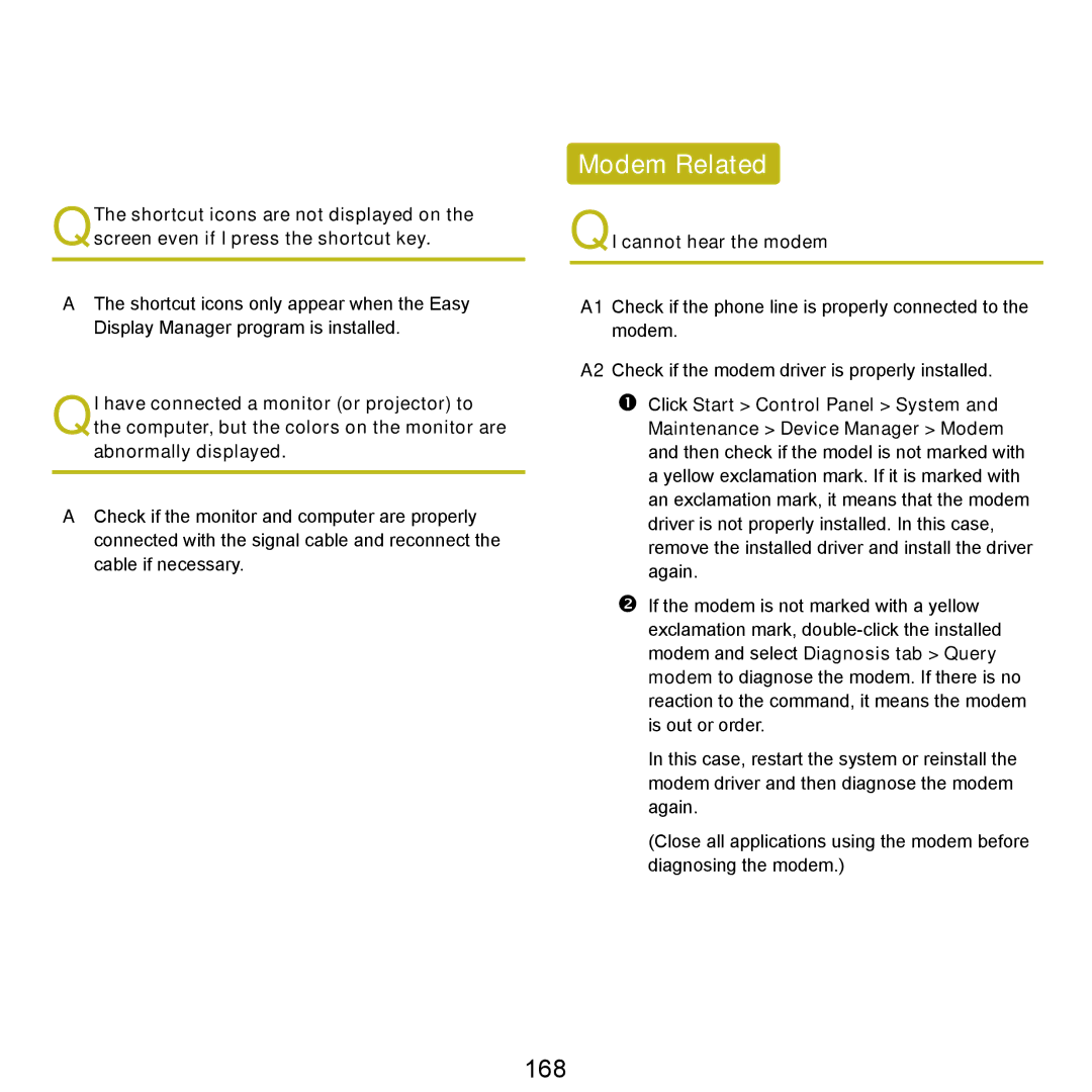 Samsung NP-Q45AV01/SPL manual Modem Related, 168, QI cannot hear the modem 