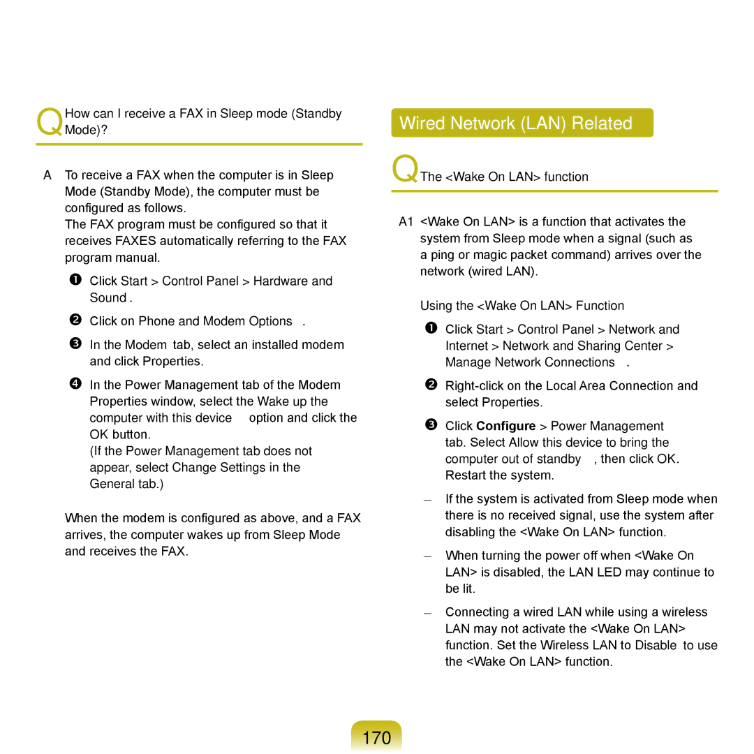 Samsung NP-Q45AV01/SPL manual Wired Network LAN Related, 170, QHow can I receive a FAX in Sleep mode Standby Mode? 