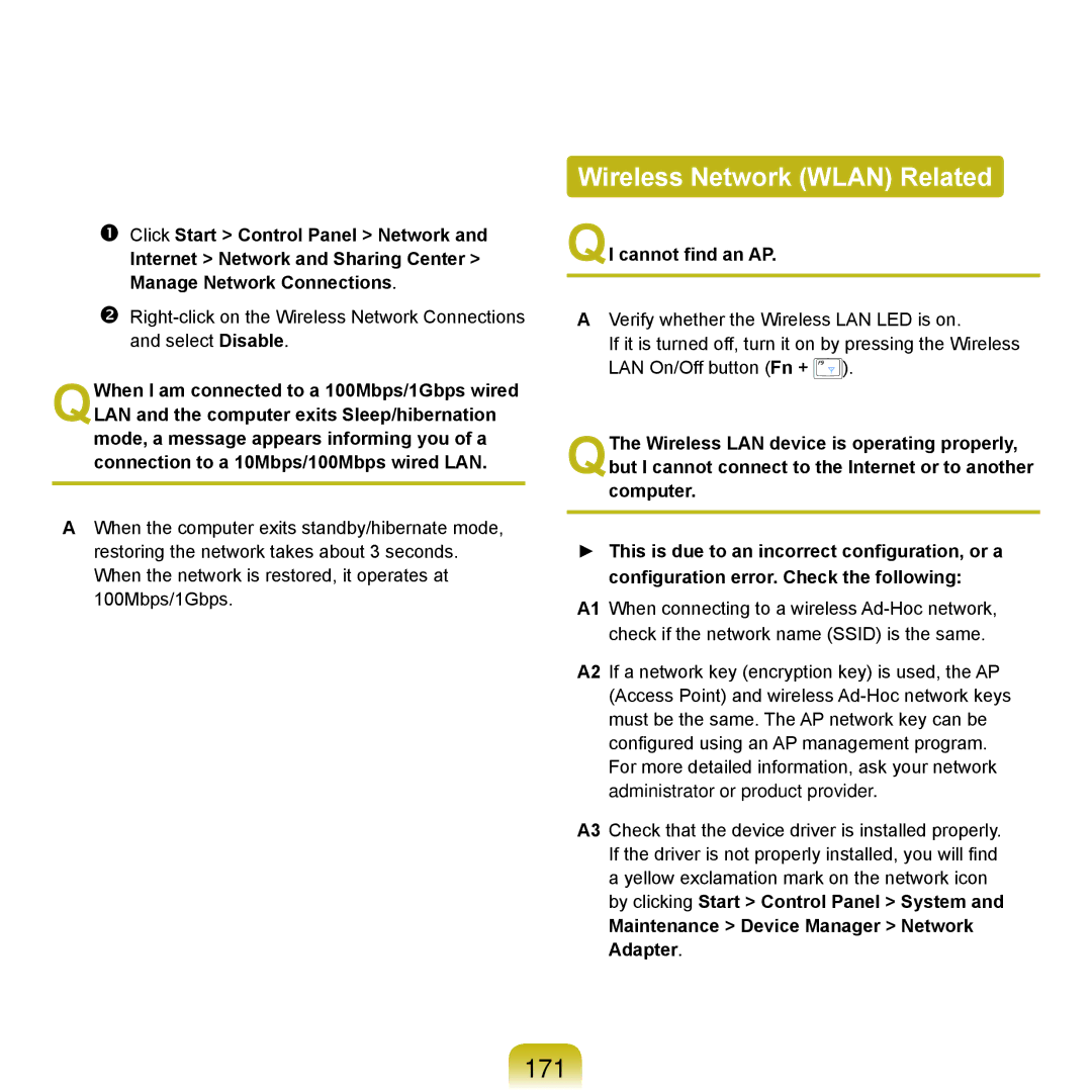 Samsung NP-Q45AV01/SPL manual Wireless Network Wlan Related, 171, QI cannot find an AP 