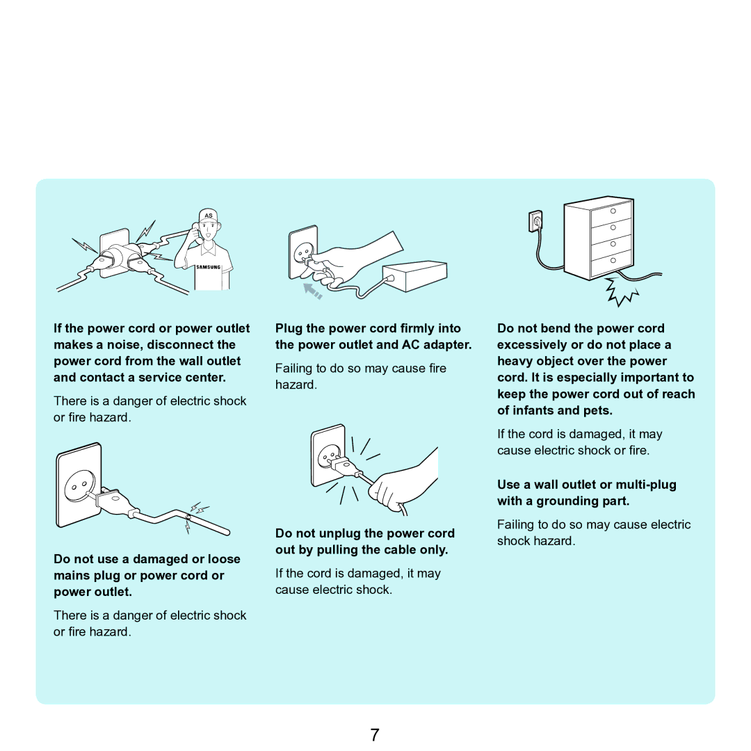 Samsung NP-Q45AV01/SPL manual Do not unplug the power cord out by pulling the cable only 