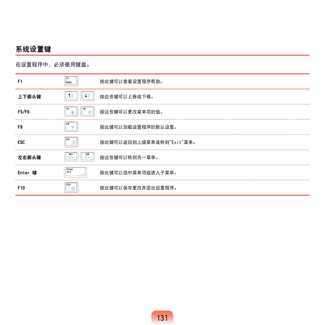 Samsung NP-Q45AV01/SPL manual 131, 系统设置键, 在设置程序中，必须使用键盘。 