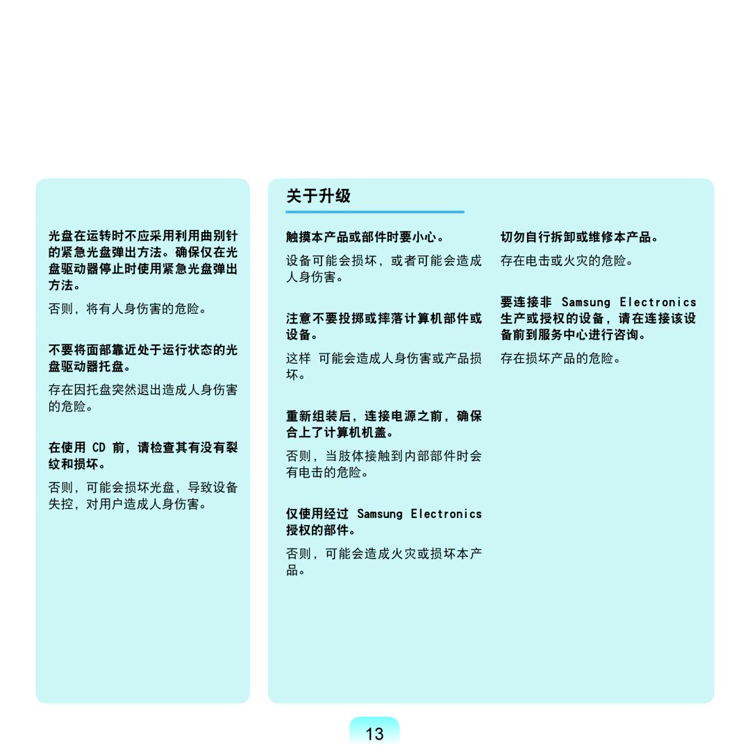 Samsung NP-Q45AV01/SPL manual 关于升级, 授权的部件。 否则，可能会造成火灾或损坏本产 