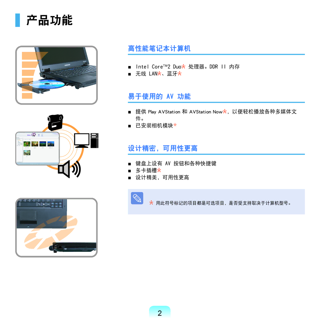 Samsung NP-Q45AV01/SPL manual 产品功能, 高性能笔记本计算机, 易于使用的 Av 功能, 设计精密，可用性更高 