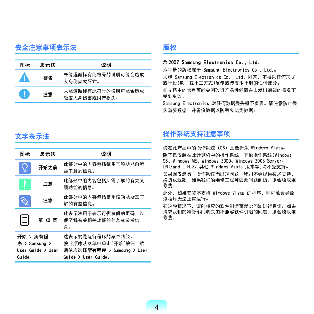 Samsung NP-Q45AV01/SPL manual 安全注意事项表示法, 文字表示法, 操作系统支持注意事项 