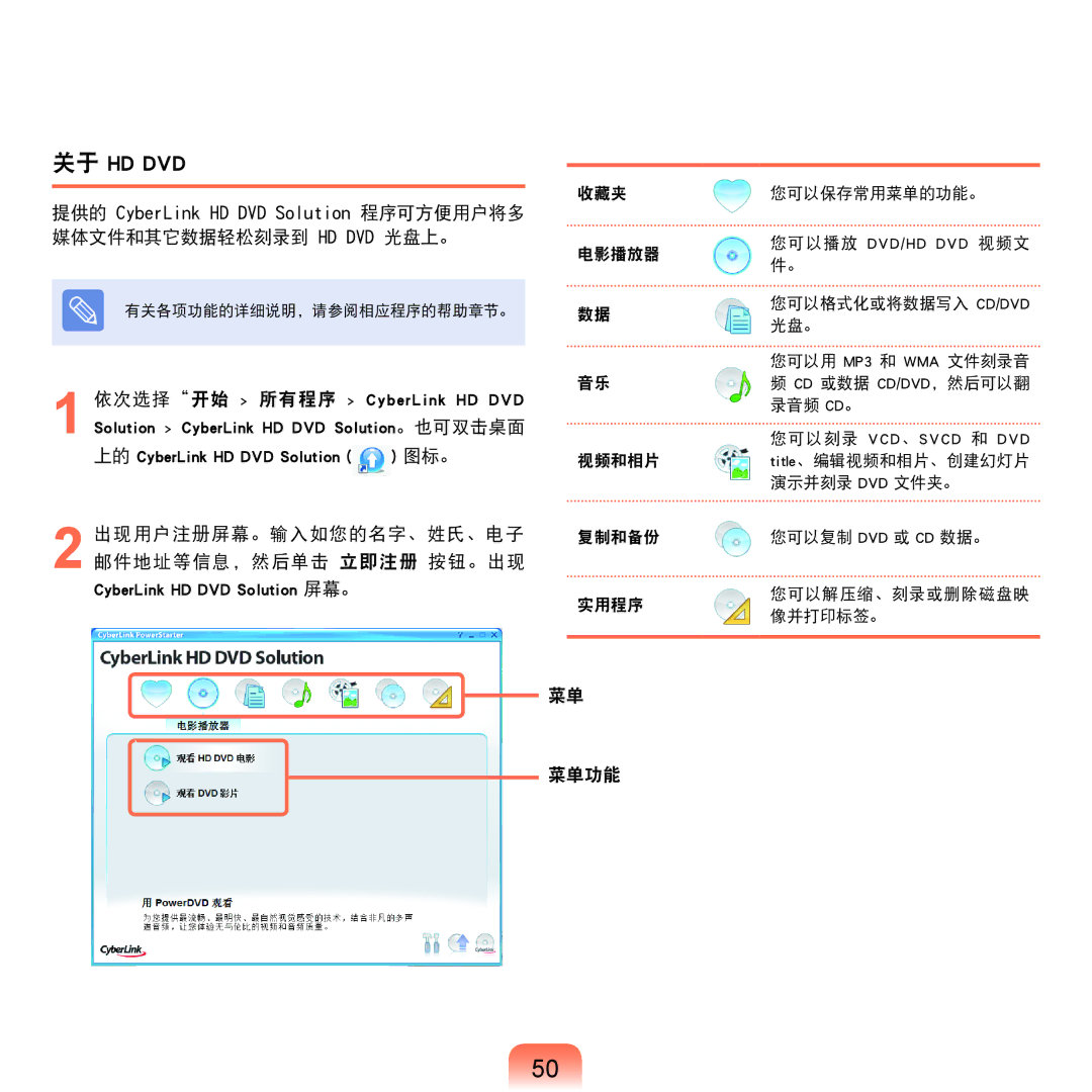 Samsung NP-Q45AV01/SPL manual 关于 Hd Dvd, 菜单功能 