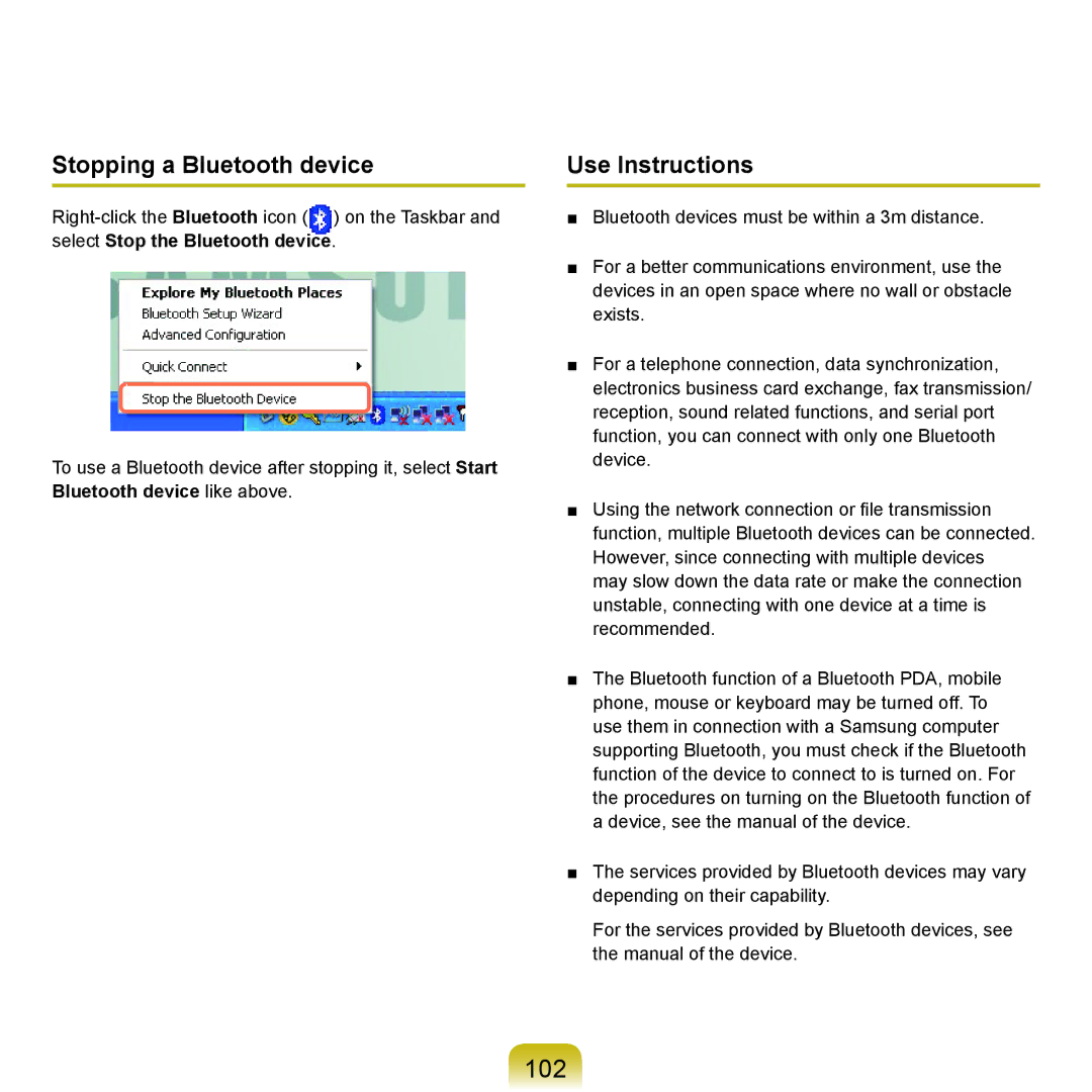 Samsung NP-Q45AV01/SPL manual 102, Stopping a Bluetooth device, Use Instructions 