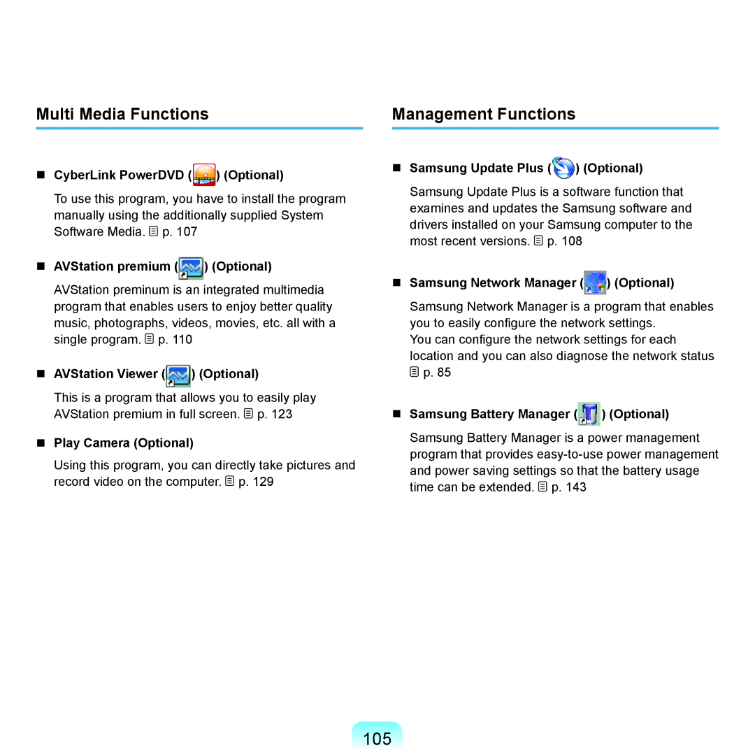Samsung NP-Q45AV01/SPL manual 105, Multi Media Functions, Management Functions 