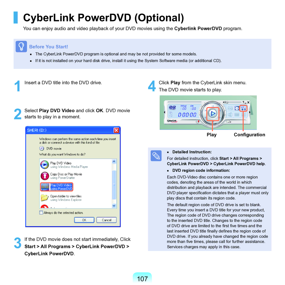 Samsung NP-Q45AV01/SPL manual CyberLink PowerDVD Optional, 107, Start All Programs CyberLink PowerDVD CyberLink PowerDVD 