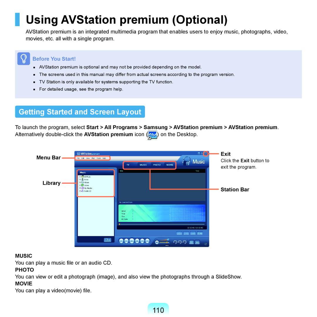 Samsung NP-Q45AV01/SPL manual Using AVStation premium Optional, Getting Started and Screen Layout, 110, Station Bar 