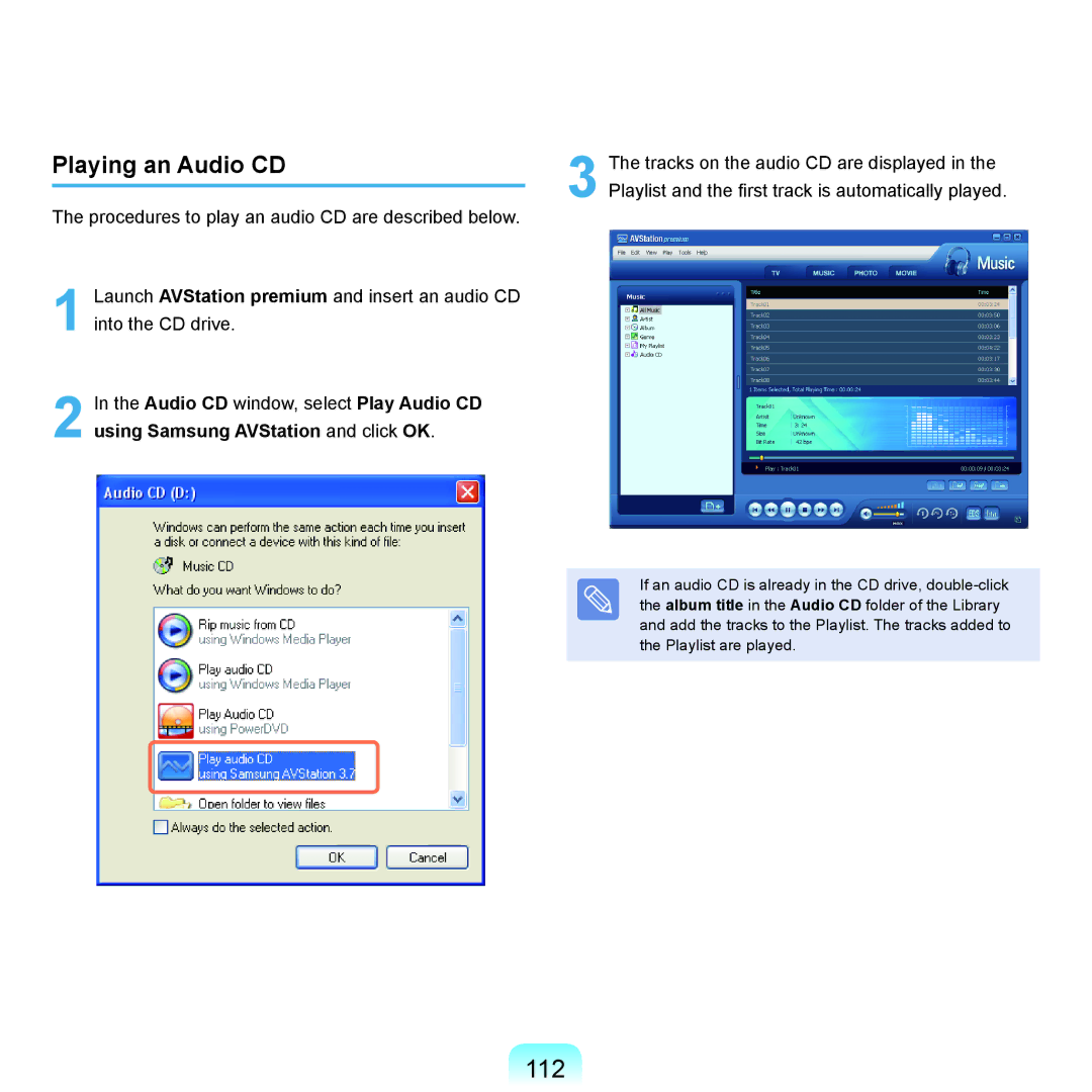 Samsung NP-Q45AV01/SPL manual 112, Playing an Audio CD 