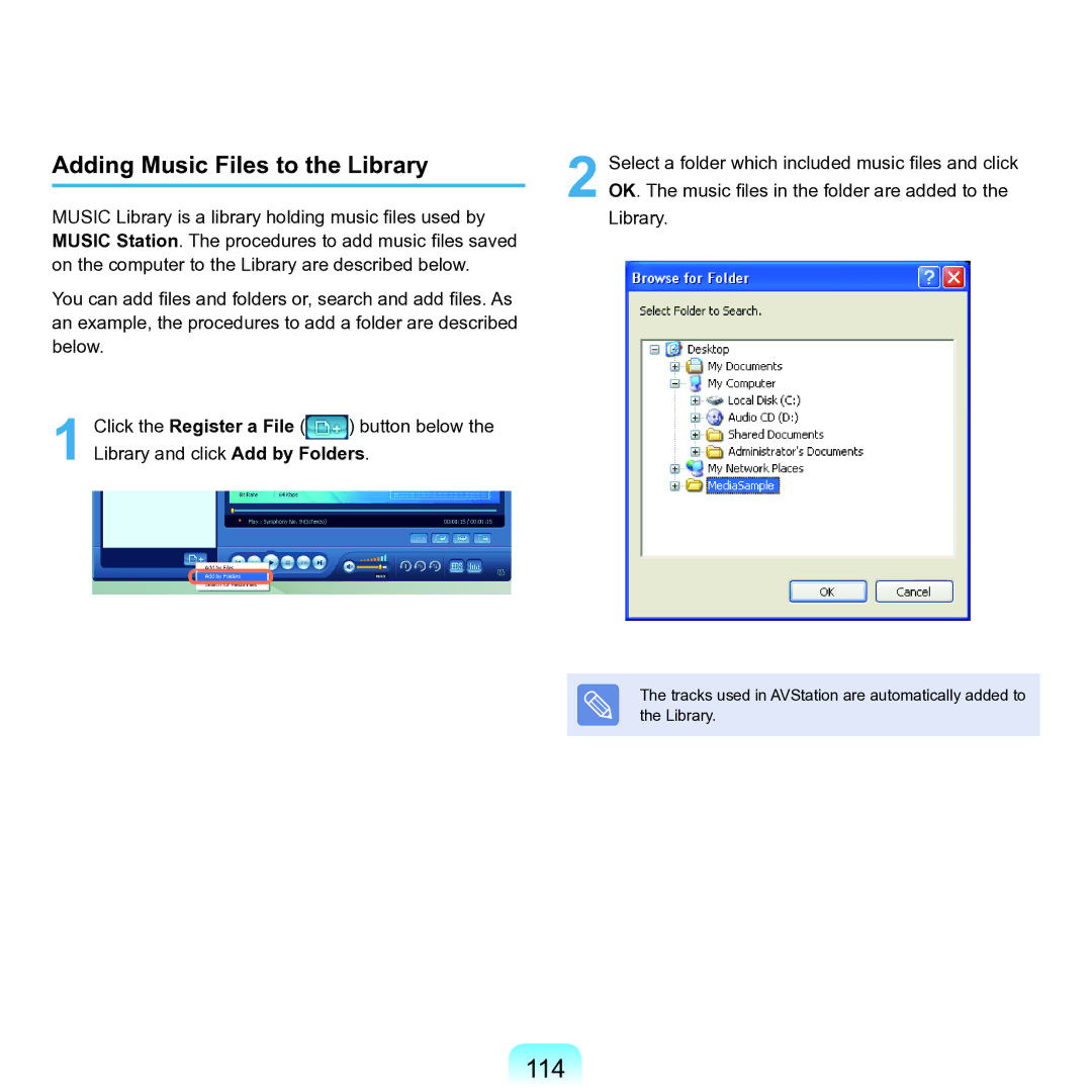 Samsung NP-Q45AV01/SPL manual 114, Adding Music Files to the Library 