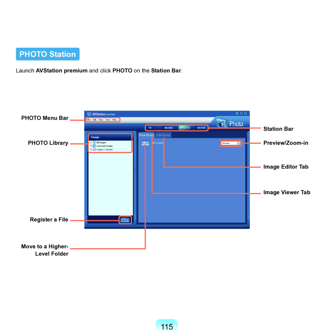 Samsung NP-Q45AV01/SPL manual Photo Station, 115, Register a File Move to a Higher Level Folder 