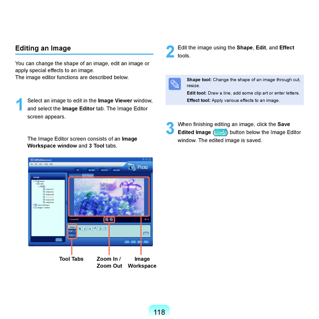 Samsung NP-Q45AV01/SPL manual 118, Editing an Image, Tool Tabs Zoom, Zoom Out Workspace 