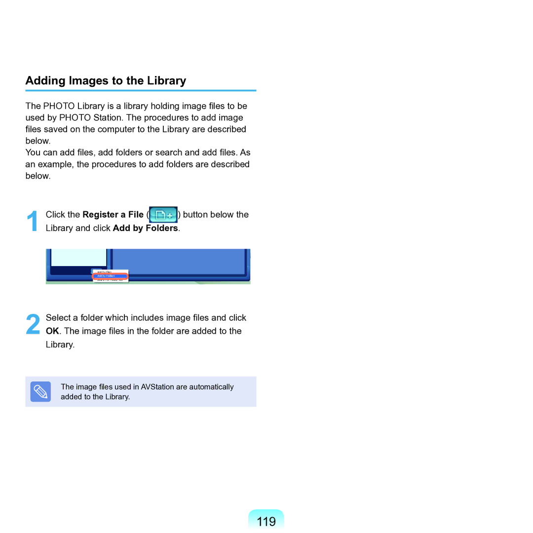 Samsung NP-Q45AV01/SPL manual 119, Adding Images to the Library 