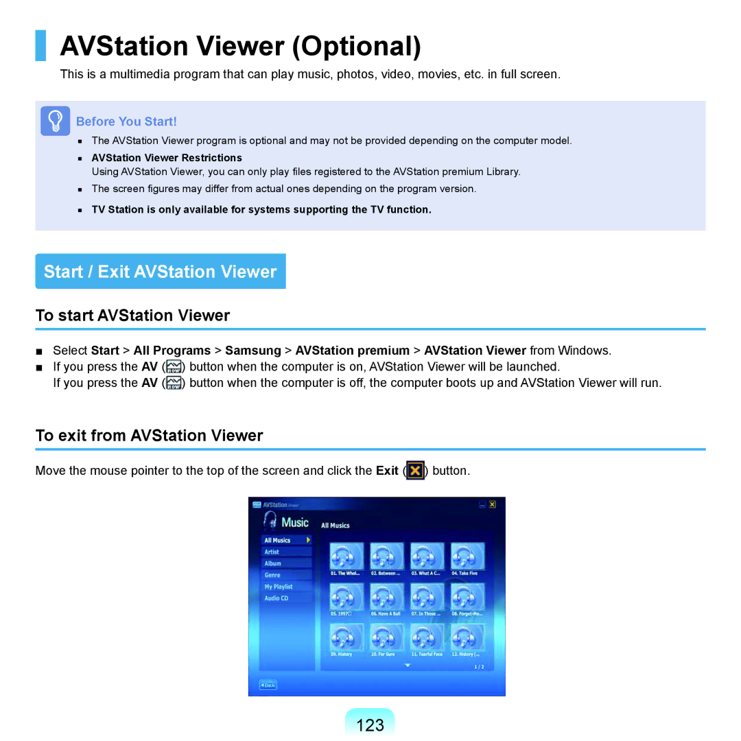 Samsung NP-Q45AV01/SPL manual AVStation Viewer Optional, Start / Exit AVStation Viewer, 123, To start AVStation Viewer 