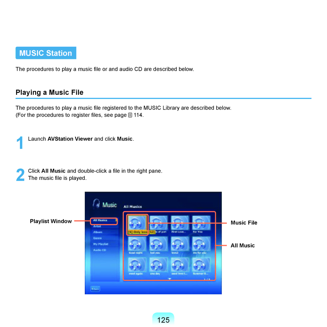 Samsung NP-Q45AV01/SPL manual 125, Launch AVStation Viewer and click Music, Playlist Window Music File All Music 