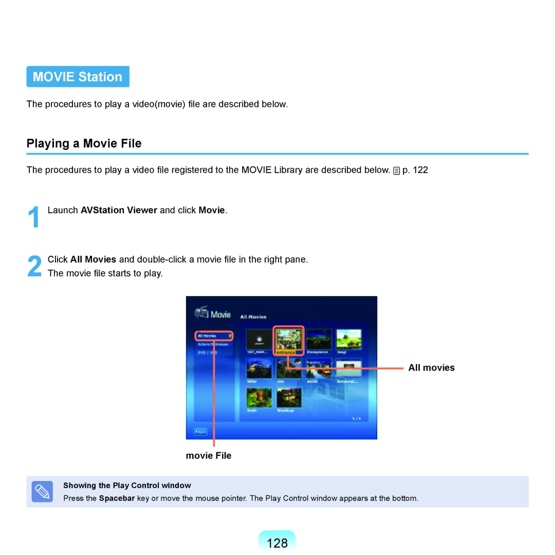 Samsung NP-Q45AV01/SPL manual 128, Playing a Movie File, Launch AVStation Viewer and click Movie, All movies Movie File 