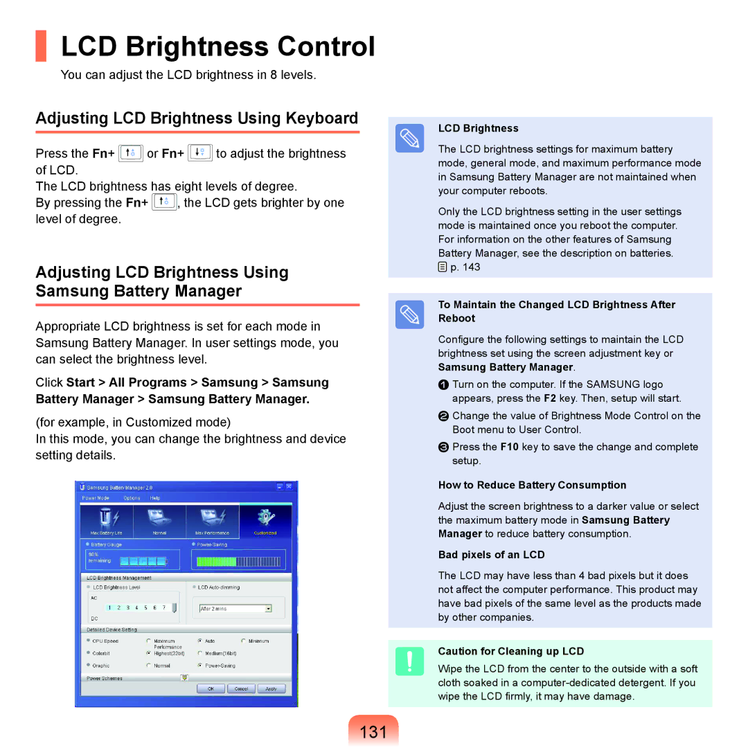 Samsung NP-Q45AV01/SPL manual LCD Brightness Control, 131, Adjusting LCD Brightness Using Keyboard 