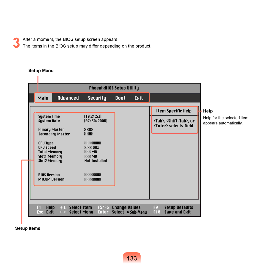 Samsung NP-Q45AV01/SPL manual 133, Setup Menu Help, Setup Items 