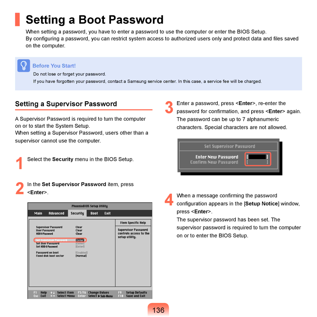 Samsung NP-Q45AV01/SPL manual Setting a Boot Password, 136, Setting a Supervisor Password 