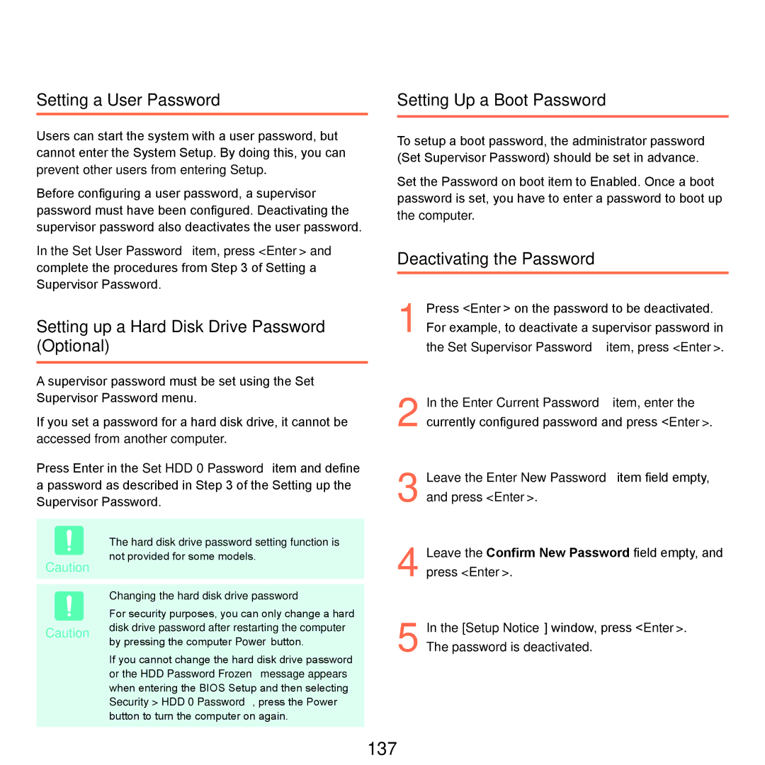 Samsung NP-Q45AV01/SPL manual 137, Setting a User Password, Setting up a Hard Disk Drive Password Optional 