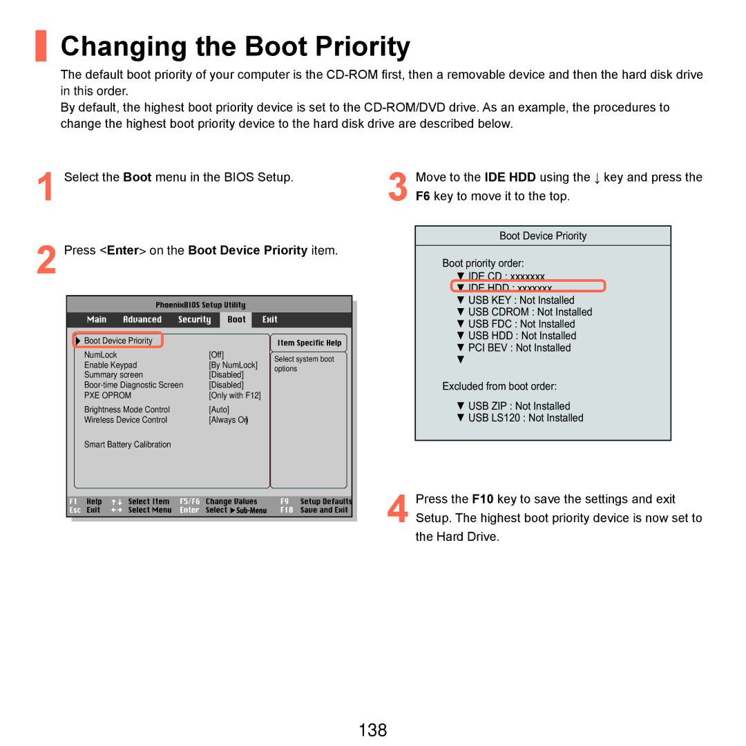 Samsung NP-Q45AV01/SPL manual Changing the Boot Priority, 138, Press Enter on the Boot Device Priority item 