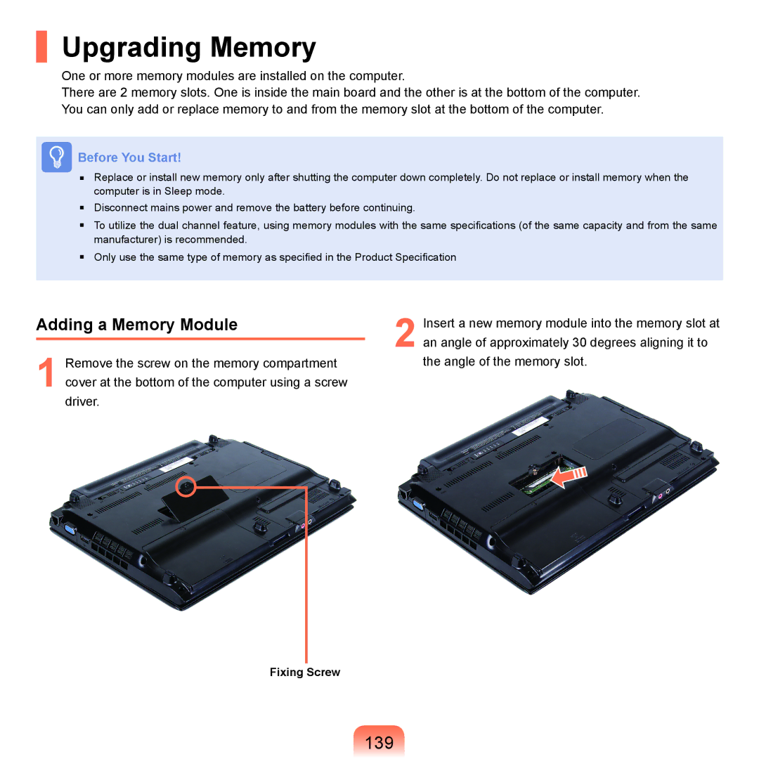 Samsung NP-Q45AV01/SPL manual Upgrading Memory, 139, Adding a Memory Module 