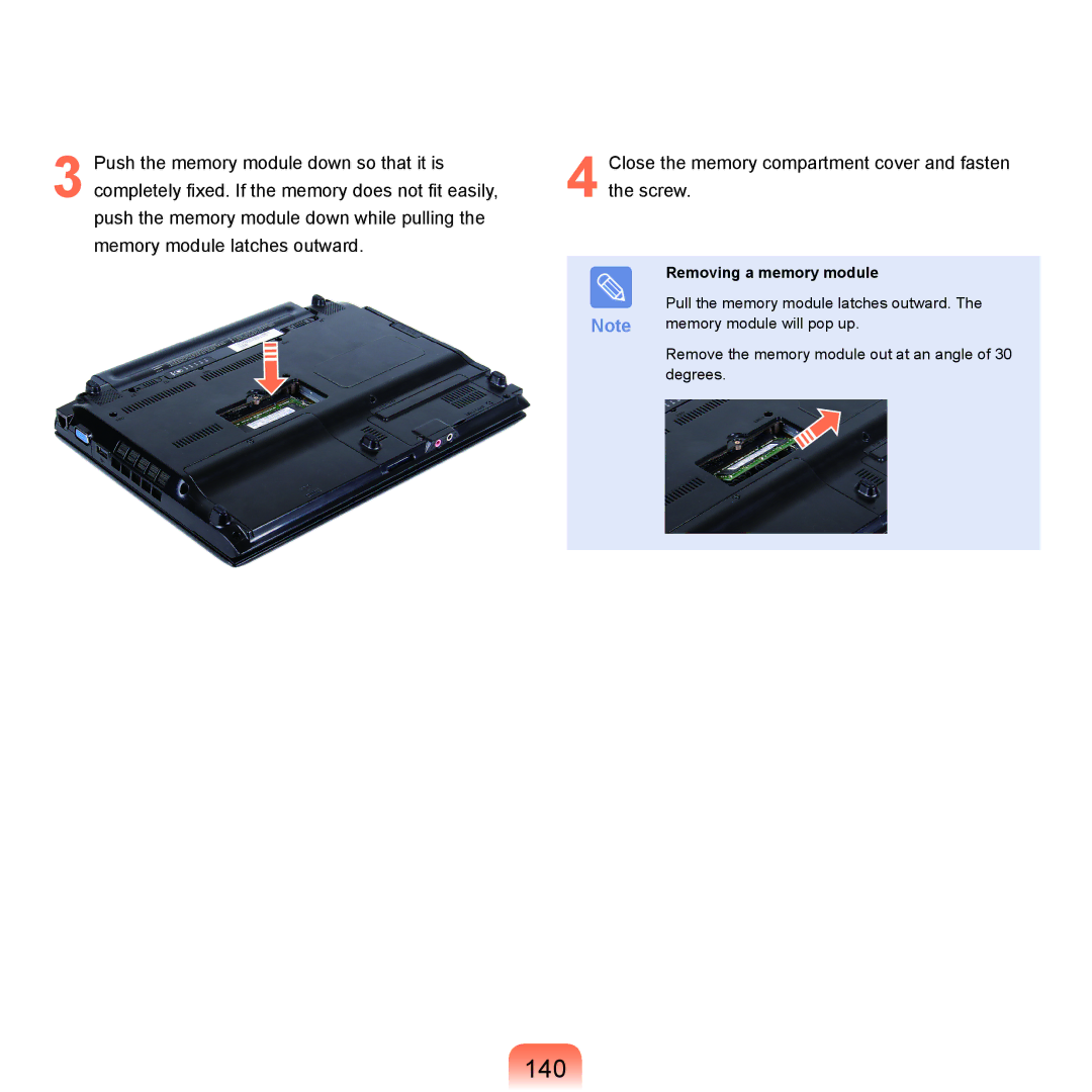 Samsung NP-Q45AV01/SPL manual 140, Removing a memory module 