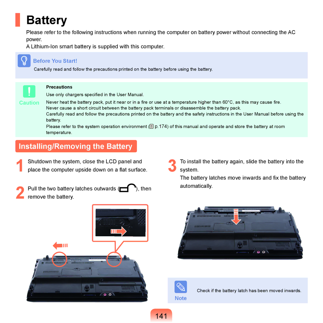 Samsung NP-Q45AV01/SPL manual Installing/Removing the Battery, 141, Precautions 