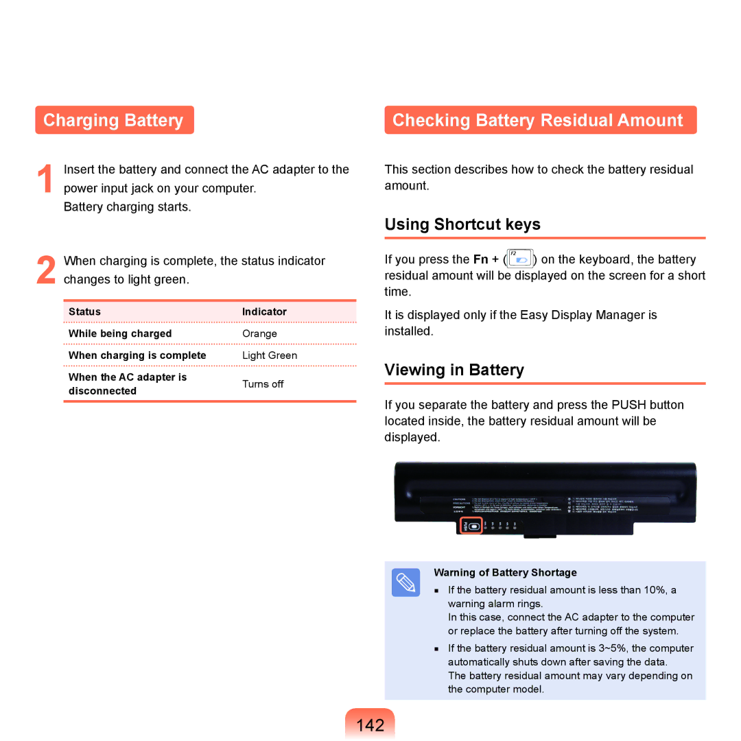 Samsung NP-Q45AV01/SPL Charging Battery, Checking Battery Residual Amount, 142, Using Shortcut keys, Viewing in Battery 