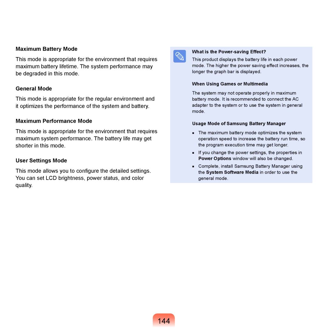 Samsung NP-Q45AV01/SPL manual 144, Maximum Battery Mode, General Mode, Maximum Performance Mode, User Settings Mode 