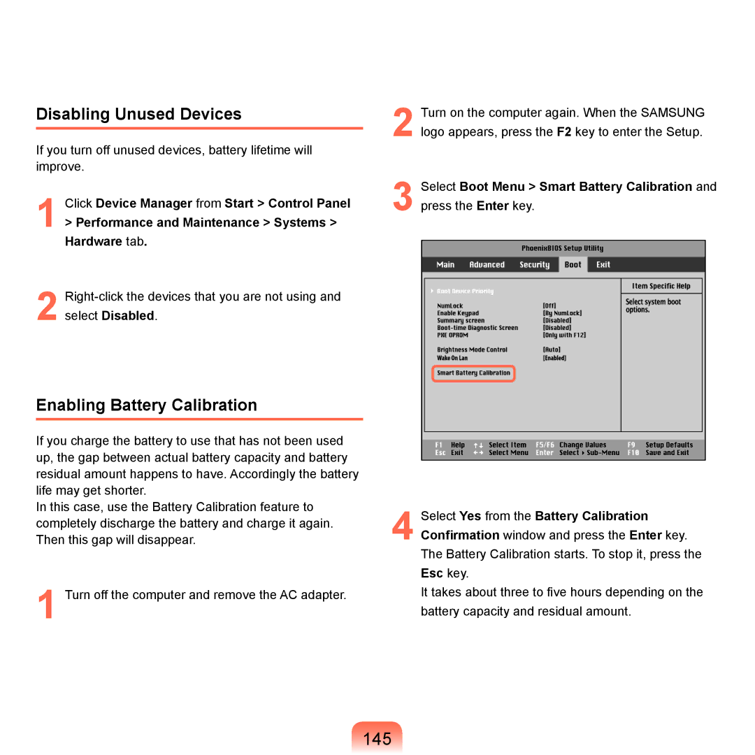 Samsung NP-Q45AV01/SPL manual 145, Disabling Unused Devices, Enabling Battery Calibration 