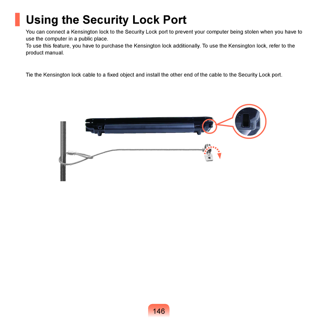 Samsung NP-Q45AV01/SPL manual Using the Security Lock Port, 146 