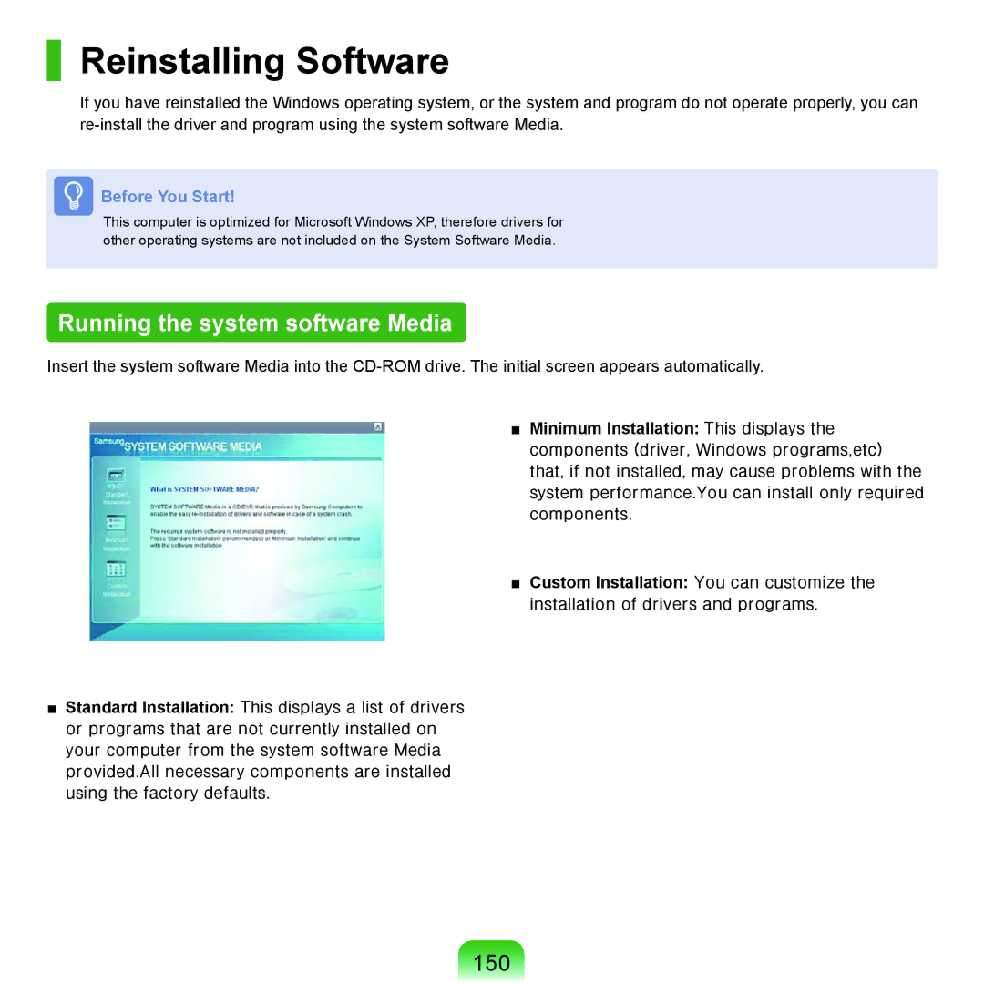 Samsung NP-Q45AV01/SPL manual Reinstalling Software, Running the system software Media, 150 